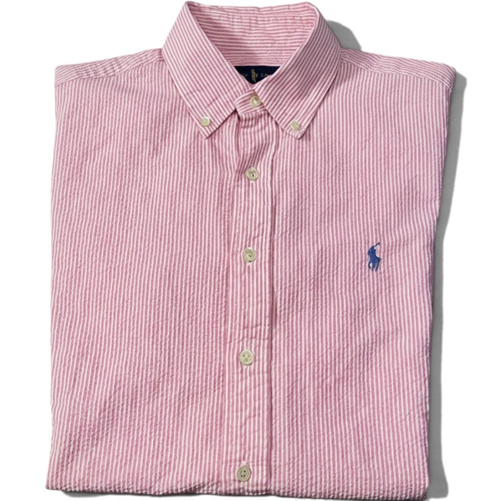 Ralph Lauren Mens Seersucker Shirt Pink White Striped Short Sleeve Pony Logo M